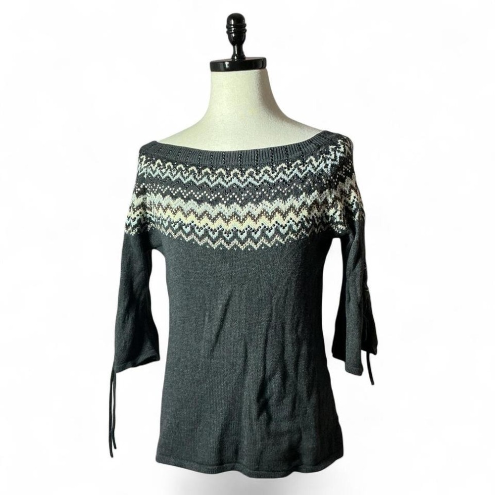 Venus Boat Neck Sweater 3/4 Sleeve‎ Geometric Pattern Grey Womens Fairycore